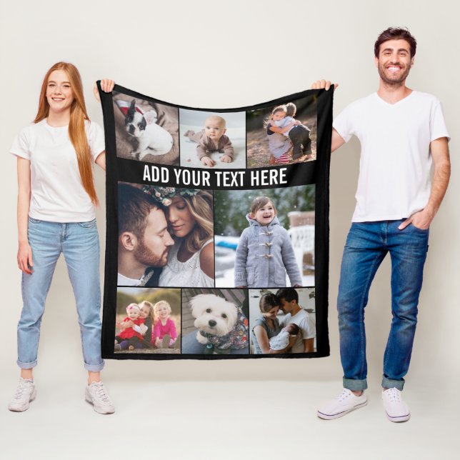 Simple Modern 8 Photo Collage Custom Text Black Fleece Blanket (In Situ)
