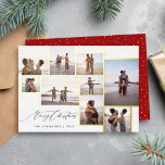 Simple Modern 9 Photo Collage Merry Christmas Foil Holiday Card<br><div class="desc">Shine bright this season with our Foil 9-Photo Collage Christmas Card. The chic "Merry Christmas" calligraphy and gold foil frame add a touch of opulence. The reverse side features a festive red background with hand-drawn white dots.</div>