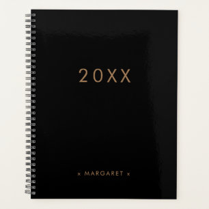 Simple Modern All Black Gold Personalized Planner