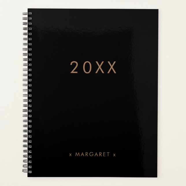 Simple Modern All Black Gold Personalized Planner (Front)