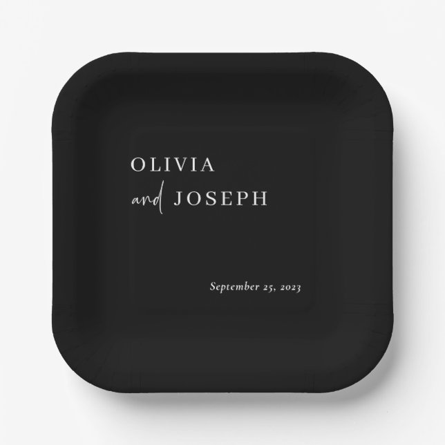 Simple Modern and Minimalist | Black Wedding Paper Plate (Front)