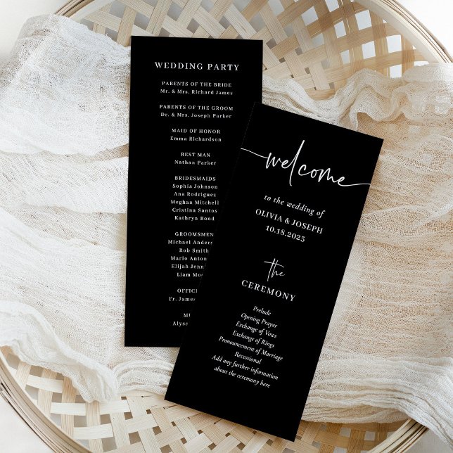 Simple Modern and Minimalist Black | Wedding Program (A dark black, modern and minimalist wedding program with elegant, trendy script)