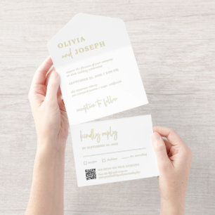 Simple Modern and Minimalist QR Code Wedding Gold All In One Invitation