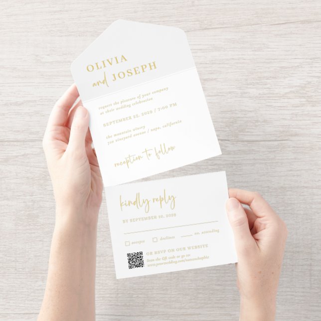 Simple Modern and Minimalist QR Code Wedding Gold All In One Invitation (Tearaway)