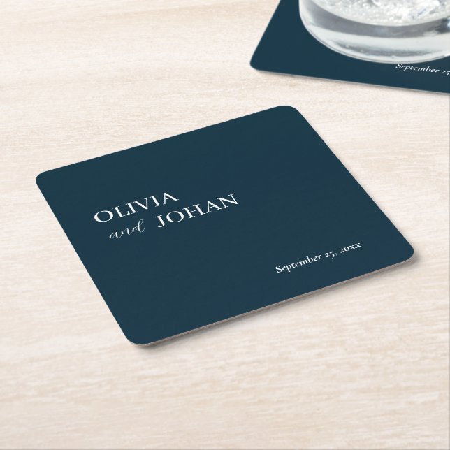 Simple Modern and Minimalist | Wedding Navy Blue Square Paper Coaster (Angled)