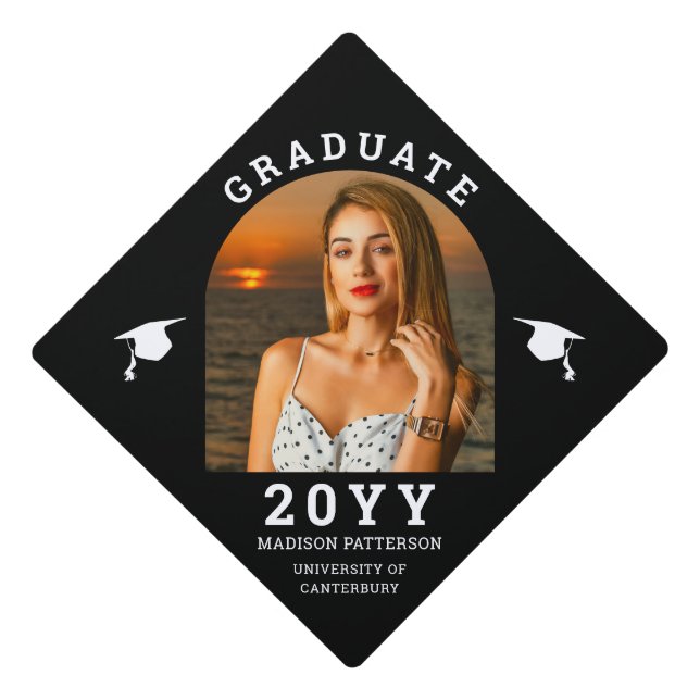 Simple Modern Arch Photo Black Grad Year Graduation Cap Topper (Front)