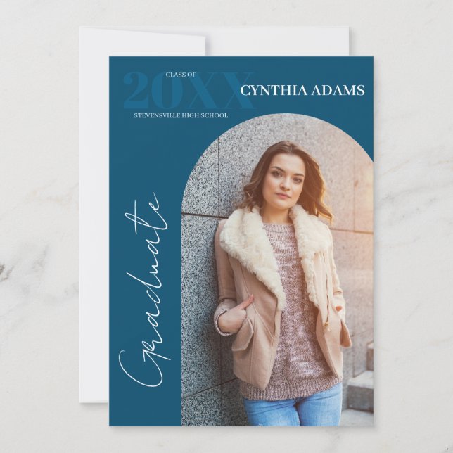 Simple Modern Arch Photo Blue Graduation Announcement (Front)