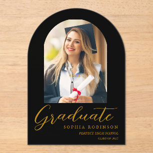 Simple Modern Arch Photo Gold Script Graduation  Acrylic Invitations