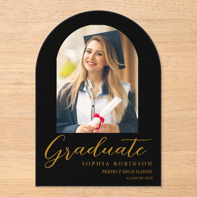 Simple Modern Arch Photo Gold Script Graduation  Acrylic Invitations (Front)