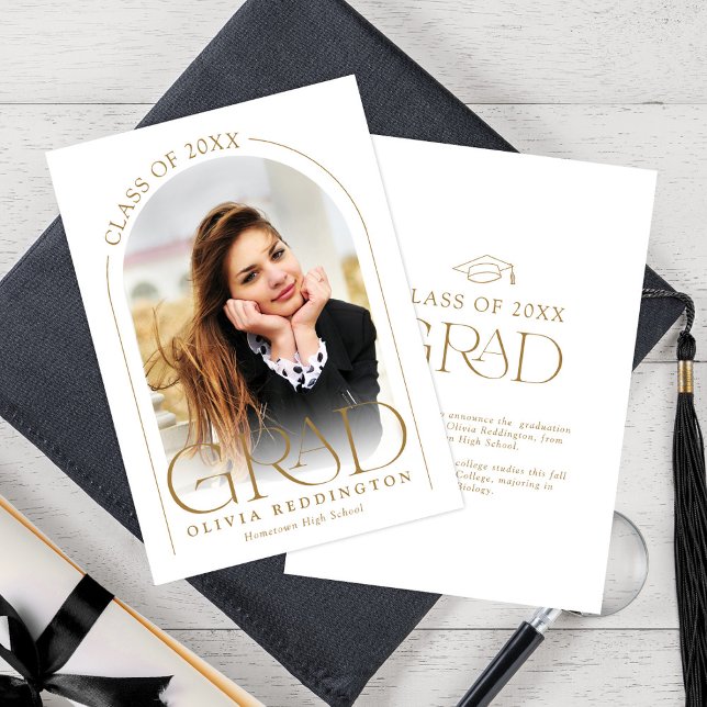 Simple Modern Arch Typography Gold Photo Grad  Announcement (Creator Uploaded)