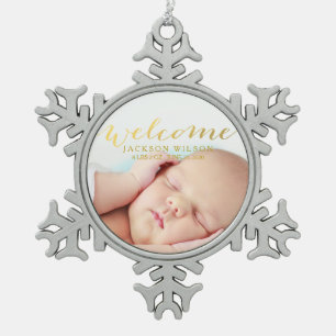 Simple Modern Baby Birth Photo Announcement Snowflake Pewter Christmas Ornament