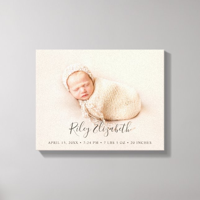 Simple Modern Baby Birth Stats and Newborn Photo Canvas Print (Front)