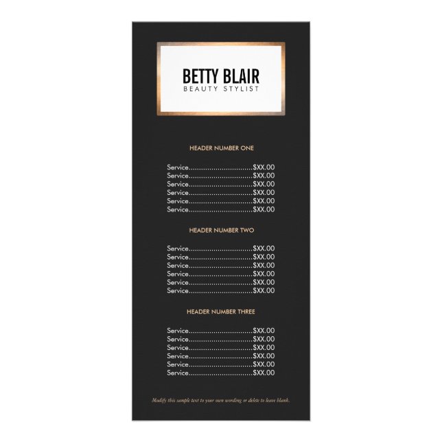 Simple Modern Back and White Gold Price List Rack Card (Front)