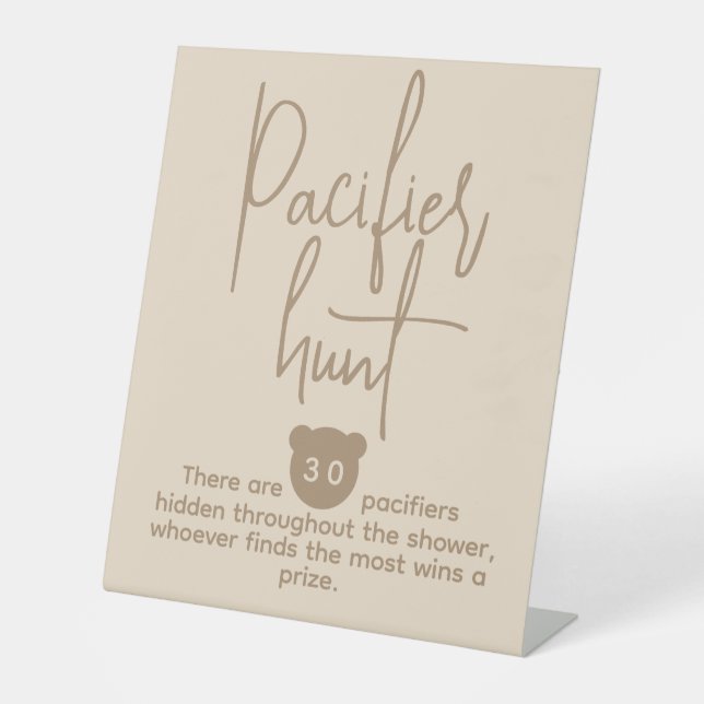 Simple modern Bear Baby Shower Pacifier Hunt Game Pedestal Sign (Front)