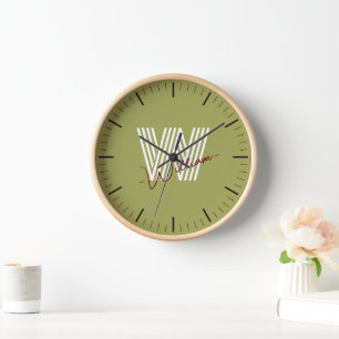 Simple modern birthday monogram olive green girly clock