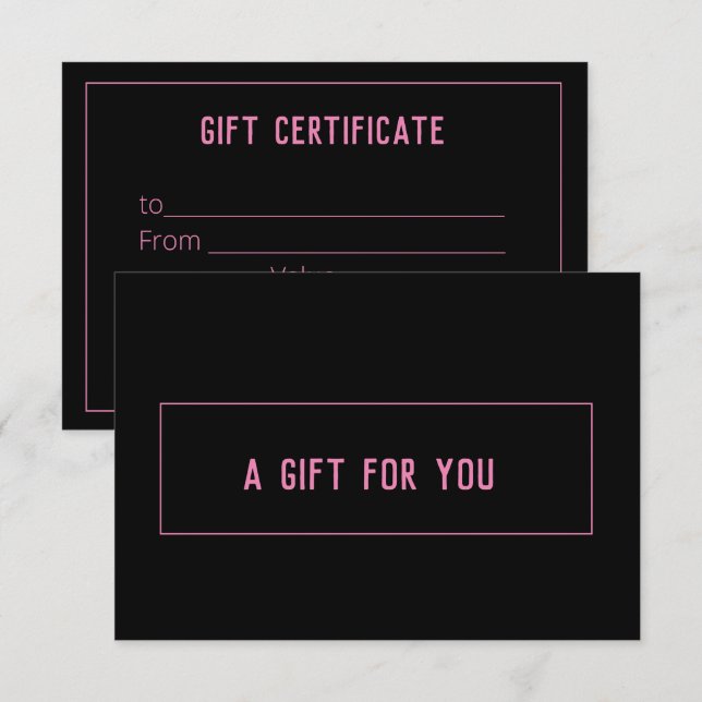 Simple Modern Black and Pink Gift Certificate (Front/Back)