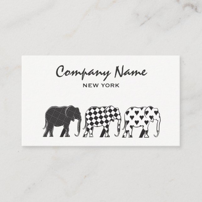 Simple Modern Black and White Elephants Pattern Business Card (Front)