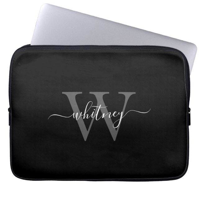 Simple Modern Black and White Monogram Initial Laptop Sleeve (Front)