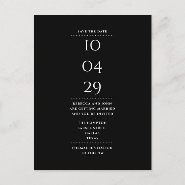 Simple Modern Black and White Save the Date Postcard (Front)