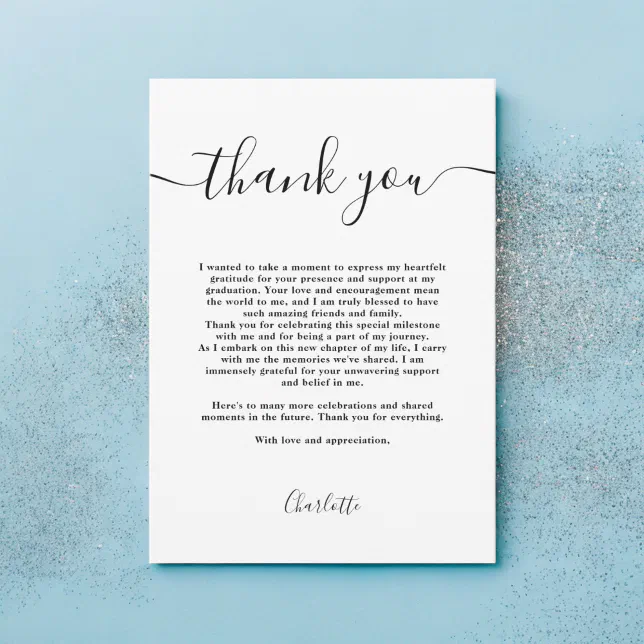 Simple Modern Black And White Script Graduation Thank You Card 