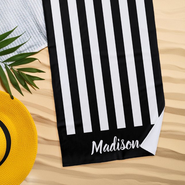 Simple Modern Black and White Stripes Monogram Beach Towel (Creator Uploaded)