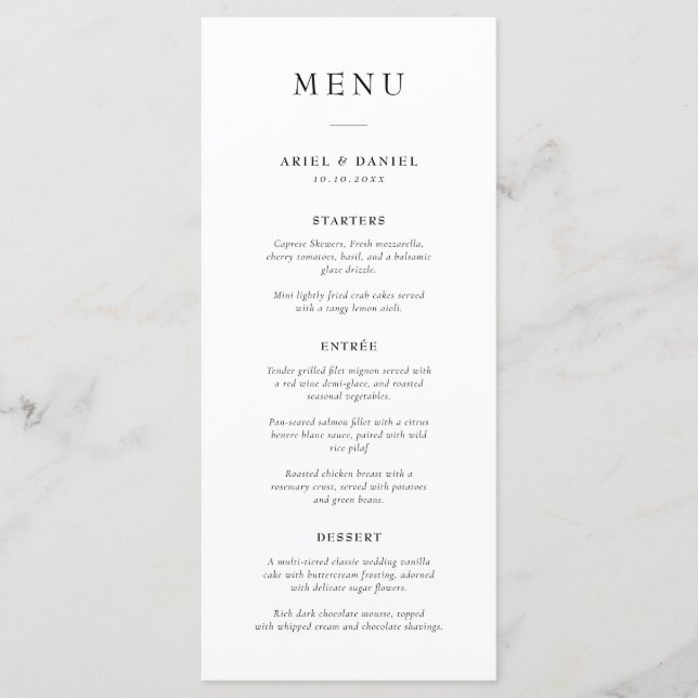 Simple Modern Black and White Wedding Menu (Front)
