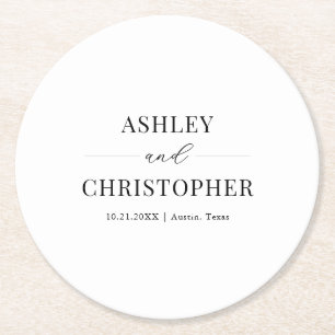Simple Modern Black and White Wedding Round Paper Coaster