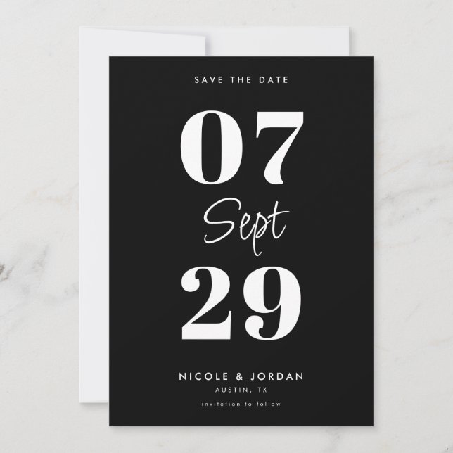 Simple Modern Black and White Wedding Save The Date (Front)