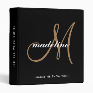 Simple Modern Black Gold Grey Script Monogram 3 Ri Binder