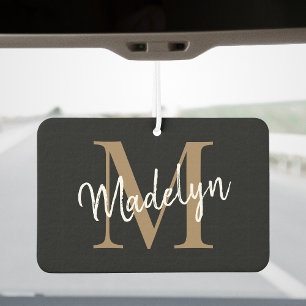 Simple Modern Black Gold Monogram Chic Script Name Air Freshener