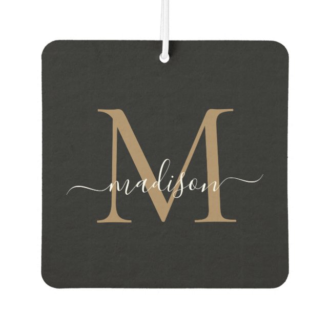 Simple Modern Black Gold Monogram Chic Script Name Air Freshener (Front)