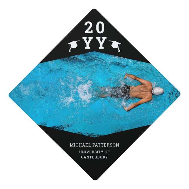 Simple Modern Black Grad Photo Year Sports Graduation Cap Topper (Front)