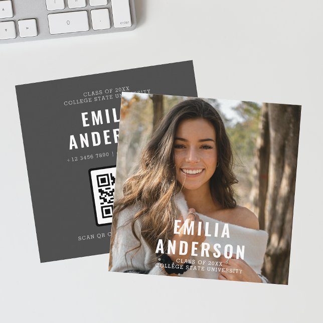 Simple Modern Black Graduation Photo QR Code Info Calling Card (Square business card )