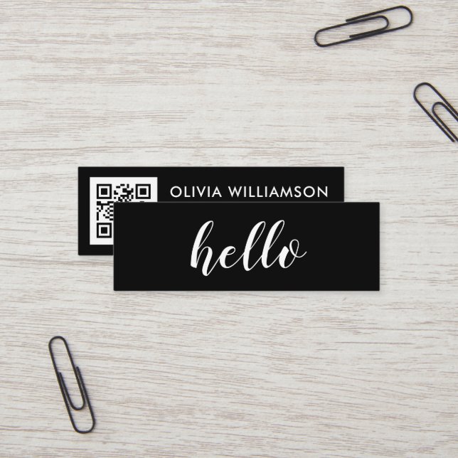 Simple Modern Black Hello QR Code Mini Business Card (Front/Back In Situ)