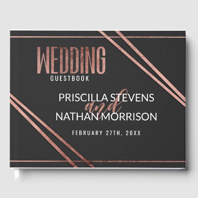Simple Modern Black Rose Gold Chic Linear Wedding Guest Book (Front)