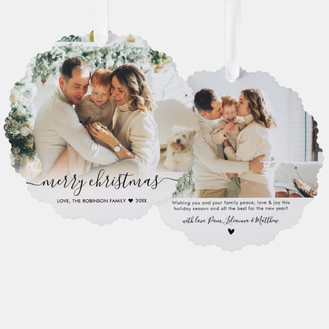 Simple Modern Black Script 2 Photo Christmas Ornament Card (Front/Back)