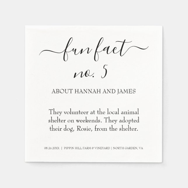 Simple Modern Black Script Fun Fact 5 Wedding Napkin (Front)