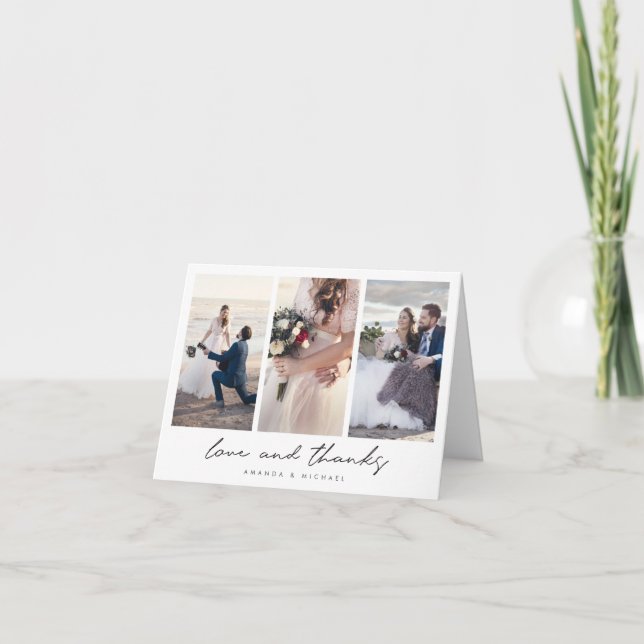 Simple Modern Black Script Photo Collage Wedding Thank You Card (Front)