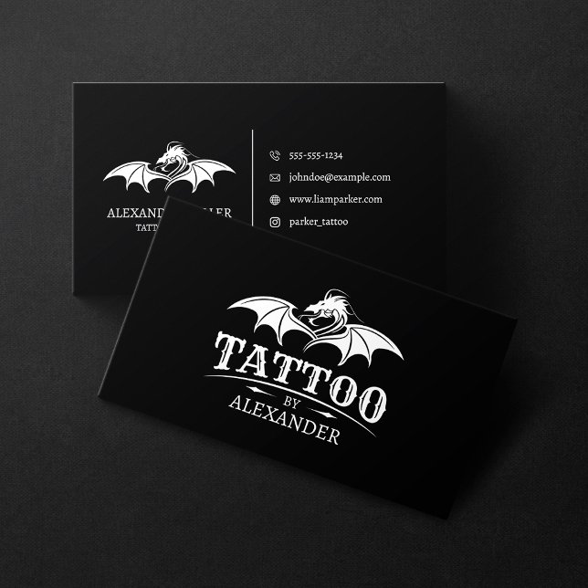 Simple & Modern Black Tattoo Artist Shop Dragon Business Card (Creator Uploaded)