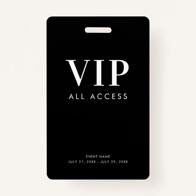 Simple Modern Black VIP All Access Pass Event Badge (Front)