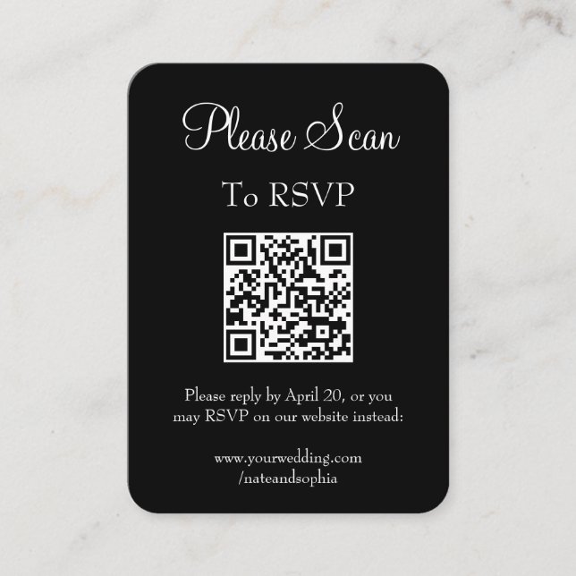 Simple Modern Black Wedding Scan QR Code Enclosure Card (Front)