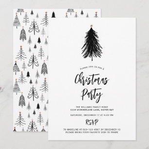 Simple Modern Black White Christmas Tree Party Invitation