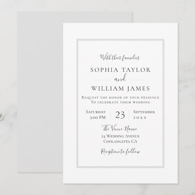 Simple Modern Black White Grey Script Wedding Invitation (Front/Back)