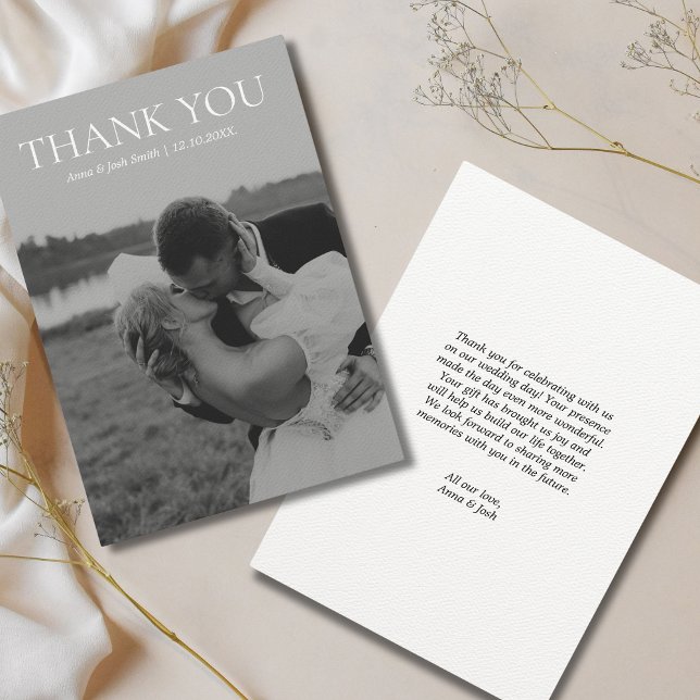 Simple Modern Black & White Minimalist Photo Thank You Card (Minimalist black and white wedding photo thank you card)