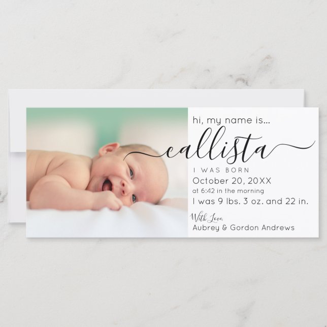 Simple Modern Black White Photo Birth Announcement (Front)