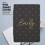 Simple Modern Black White Polka Dot Gold Script iPad Pro Cover<br><div class="desc">Protect your iPad in style with this simple and modern cover.
It features a small white polka dot on a black background and trendy gold tone hand script font with your name.
Update the easy to use template with your choice of name.  Create your own unique,  perfect gift!</div>