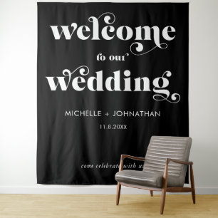 Simple Modern Black & White Wedding Welcome Tapestry