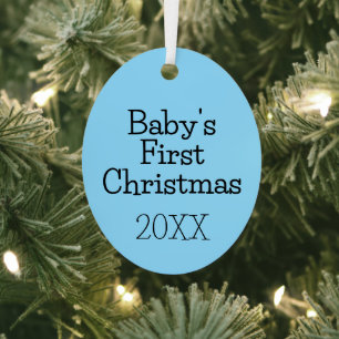 Simple Modern Blue Baby's First Christmas Year Metal Ornament