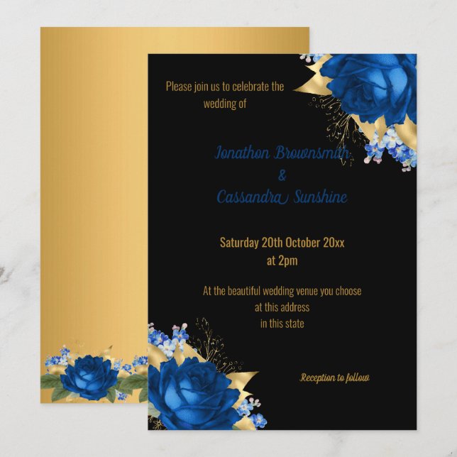 SIMPLE MODERN BLUE FLORAL GOLD BLACK WEDDING INVITATION (Front/Back)