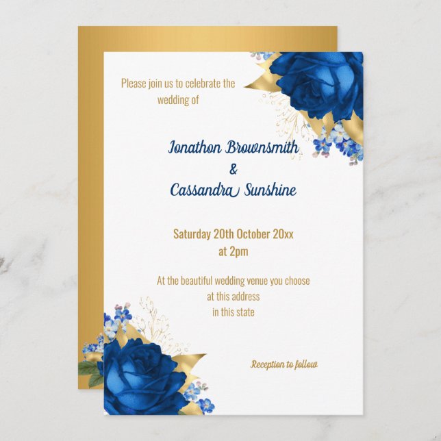 SIMPLE MODERN BLUE FLORAL GOLD WHITE WEDDING INVITATION (Front/Back)